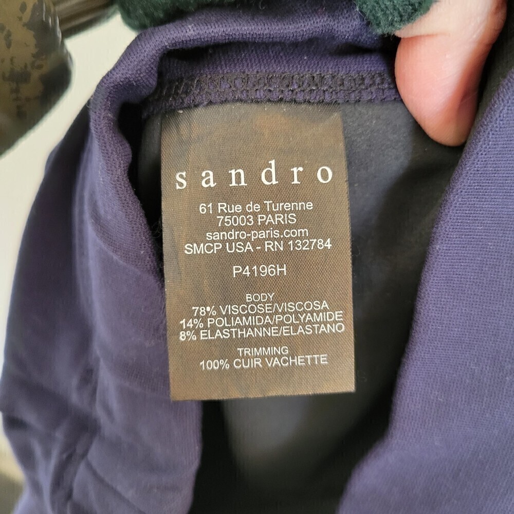 Sandro Velvet Blue Black Cuir Vachette Leather Panel Long Legging Pants Size 0 - Picture 11 of 13